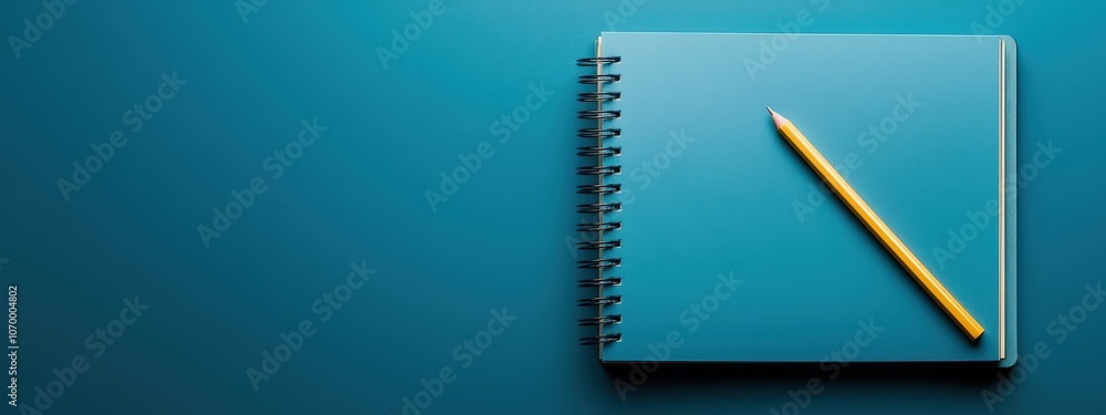 A blue notebook with a pencil on top of it A blue notebook with a pencil on top of it
