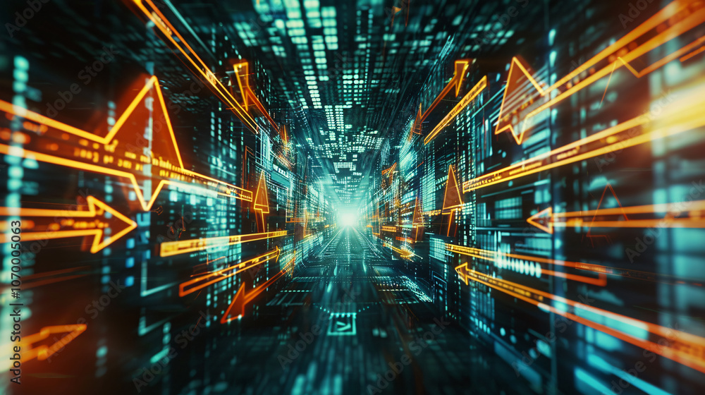 Fototapeta premium Digital concept art of a glowing data tunnel with directional arrows and financial metrics, symbolizing technology, analytics, and information flow