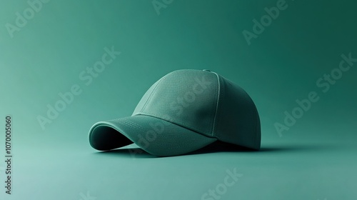 A minimalist image of a baseball cap isolated against a solid green background. The curved brim and simple design stand out in sharp contrast, highlighting focus and simplicit  photo