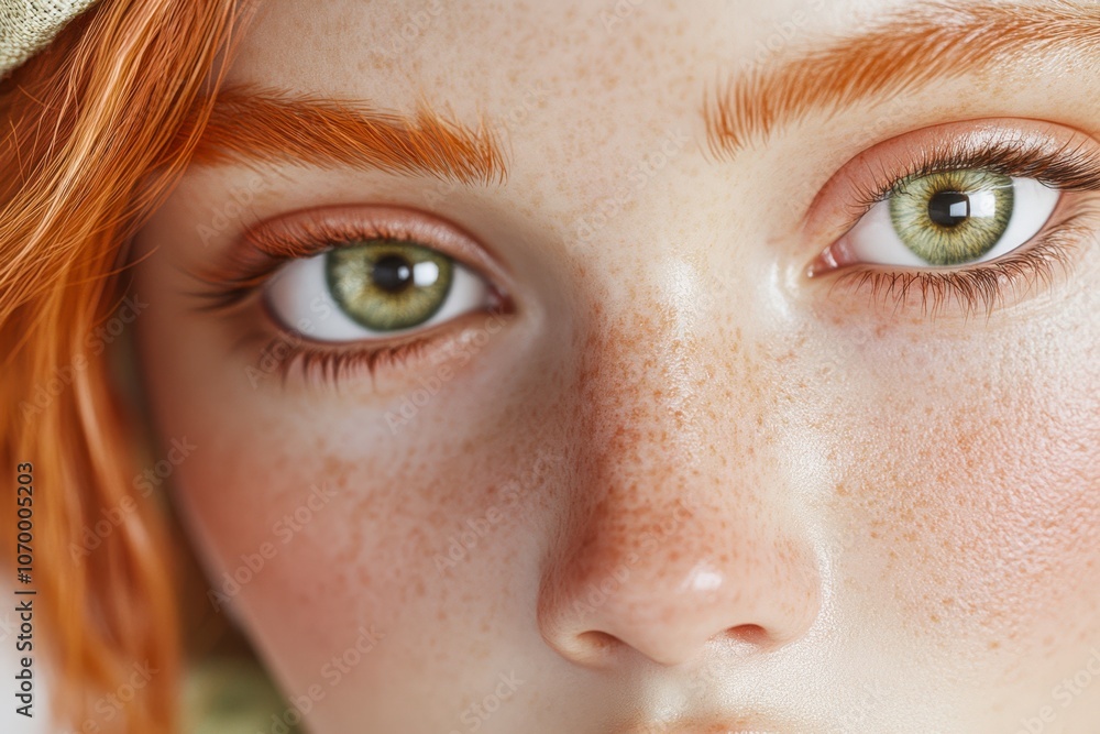 A close-up portrait of a person with striking green eyes and vibrant red hair, showcasing freckles and smooth skin, Ideal for beauty, skincare, and fashion campaigns, as well as artistic projects, A close-up portrait of a person with striking green eyes and vibrant red hair, showcasing freckles and smooth skin, Ideal for beauty, skincare, and fashion campaigns, as well as artistic projects,