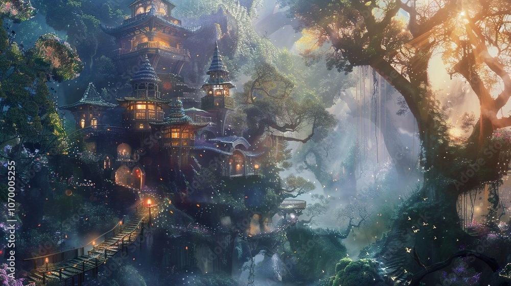 Enchanted Forest Treehouse: A Magical Landscape Painting Enchanted Forest Treehouse: A Magical Landscape Painting