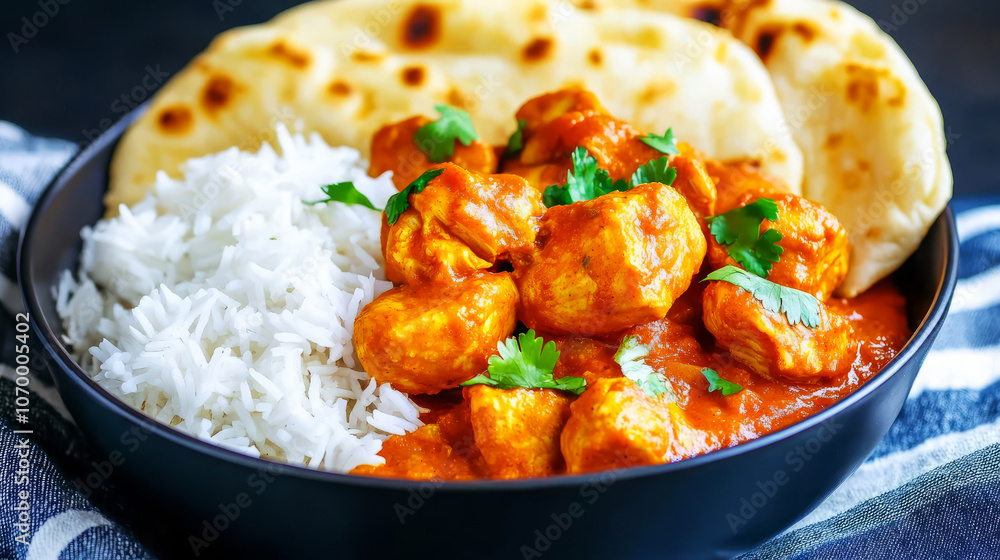 Indulge in flavorful butter chicken with fragrant rice and soft naan for an authentic culinary experience Indulge in flavorful butter chicken with fragrant rice and soft naan for an authentic culinary experience