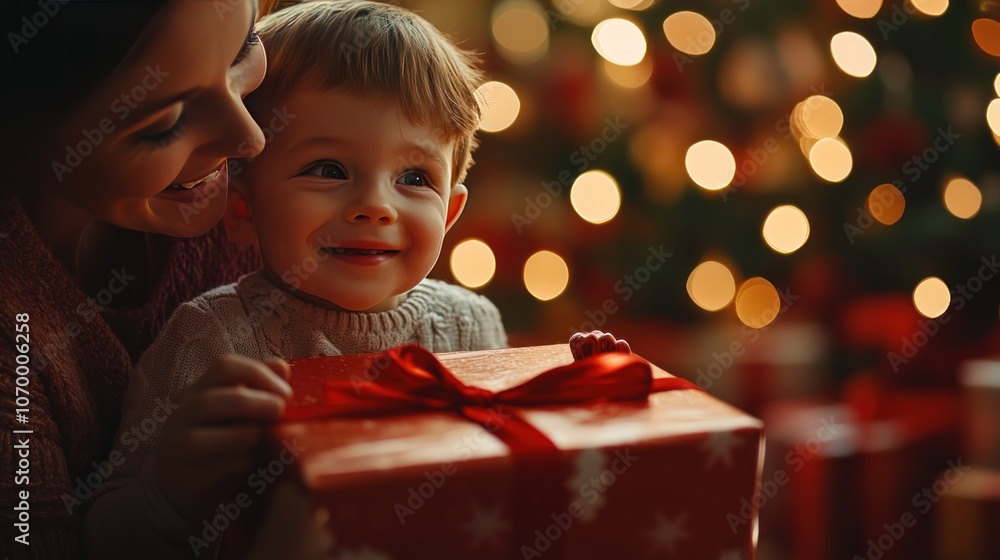 A close-up of a mother and son opening presents on Christmas morning. The child is excited to unwrap presents amidst the family's love. A close-up of a mother and son opening presents on Christmas morning. The child is excited to unwrap presents amidst the family's love.