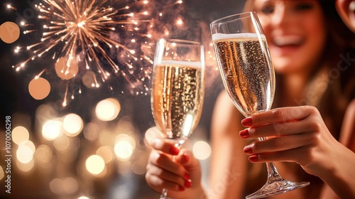 A close-up of a group of 3 people holding glasses of drinks celebrating the New Year with sparkling lights and fireworks in the sky.