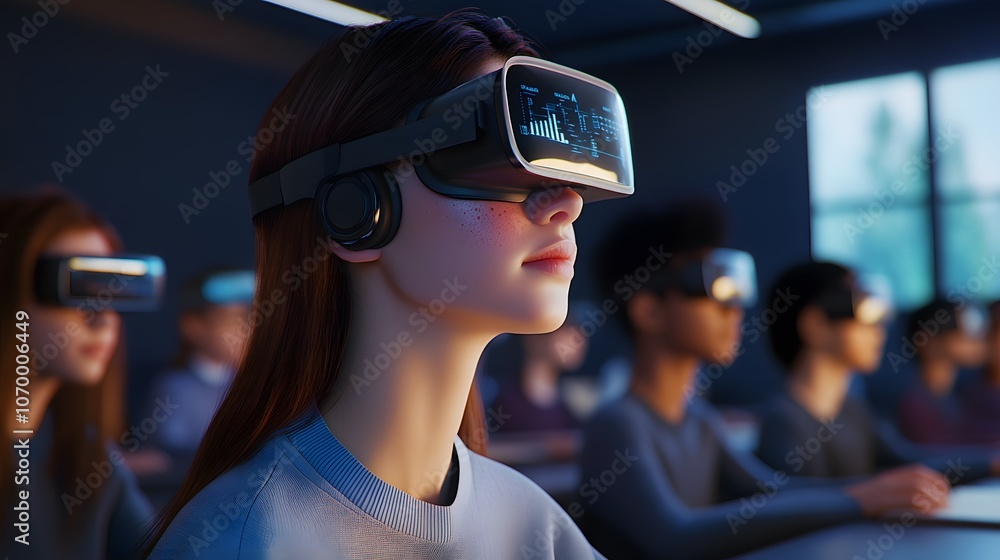 A virtual classroom with AI holographic teachers and students wearing AR glasses A virtual classroom with AI holographic teachers and students wearing AR glasses