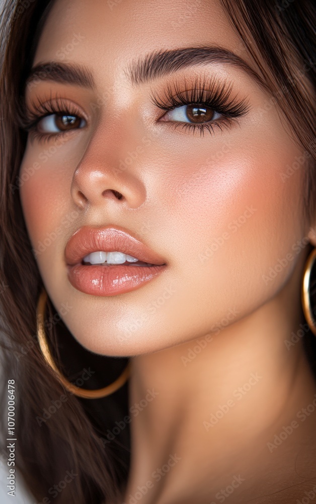 A close-up portrait showcasing a woman with flawless skin, emphasizing her striking eyes and glossy lips, Ideal for beauty, fashion, or skincare advertisements and editorial content, A close-up portrait showcasing a woman with flawless skin, emphasizing her striking eyes and glossy lips, Ideal for beauty, fashion, or skincare advertisements and editorial content,
