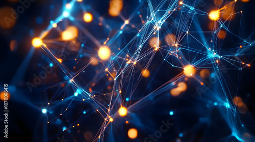 Abstract digital network background with glowing connections and geometric shapes in blue and orange tones, representing technology and communication.