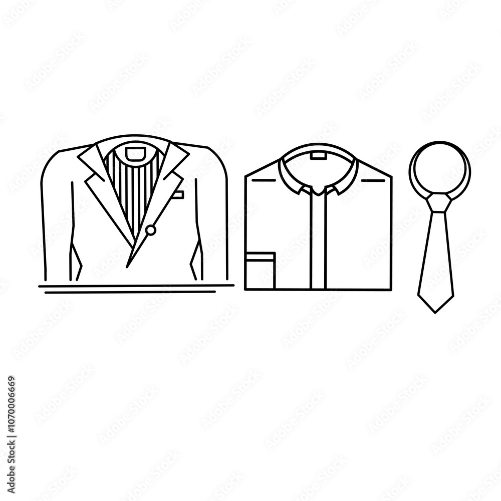 Isolated icon on a white background, showcasing a simple, minimalist design. This icon is in the form of clothing and accessories for office workers, The icon is a collection of clothes for bosses Isolated icon on a white background, showcasing a simple, minimalist design. This icon is in the form of clothing and accessories for office workers, The icon is a collection of clothes for bosses