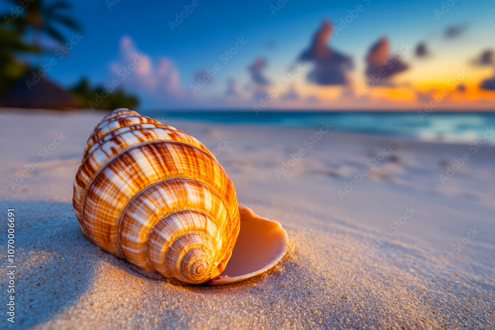Capture the beauty of a seashell on a serene beach at sunset with vibrant colors and tranquil vibes Capture the beauty of a seashell on a serene beach at sunset with vibrant colors and tranquil vibes