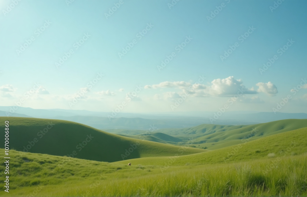 A serene landscape of rolling green grassy hills under a bright blue sky A serene landscape of rolling green grassy hills under a bright blue sky