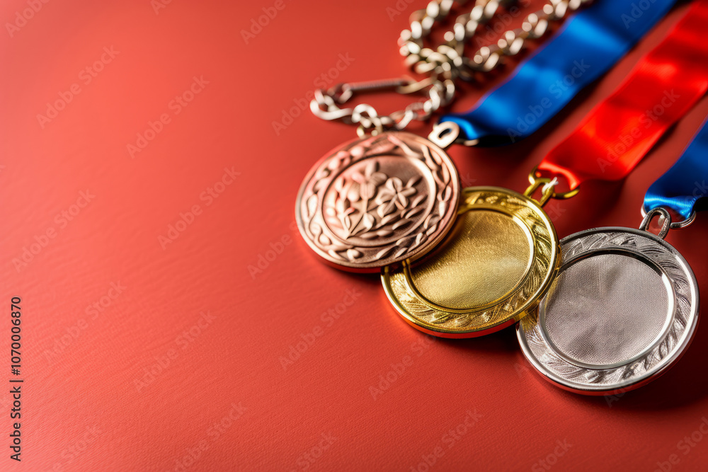 Three shiny gold, silver and bronze sport medals Three shiny gold, silver and bronze sport medals