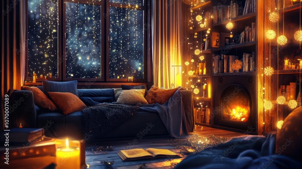 A warm and inviting living room adorned with soft lighting, a fireplace, and festive decorations, ideal for a cozy winter evening. A warm and inviting living room adorned with soft lighting, a fireplace, and festive decorations, ideal for a cozy winter evening.