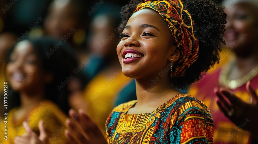 Fototapeta premium A family sings and dances together at a Kwanzaa celebration, wearing African-pattern clothing and smiling happily.
