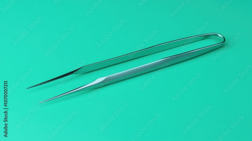 A minimalist image of medical tweezers isolated against a solid green background. The fine points of the tweezers stand out, highlighting their precision and utility in medical care. A minimalist image of medical tweezers isolated against a solid green background. The fine points of the tweezers stand out, highlighting their precision and utility in medical care.