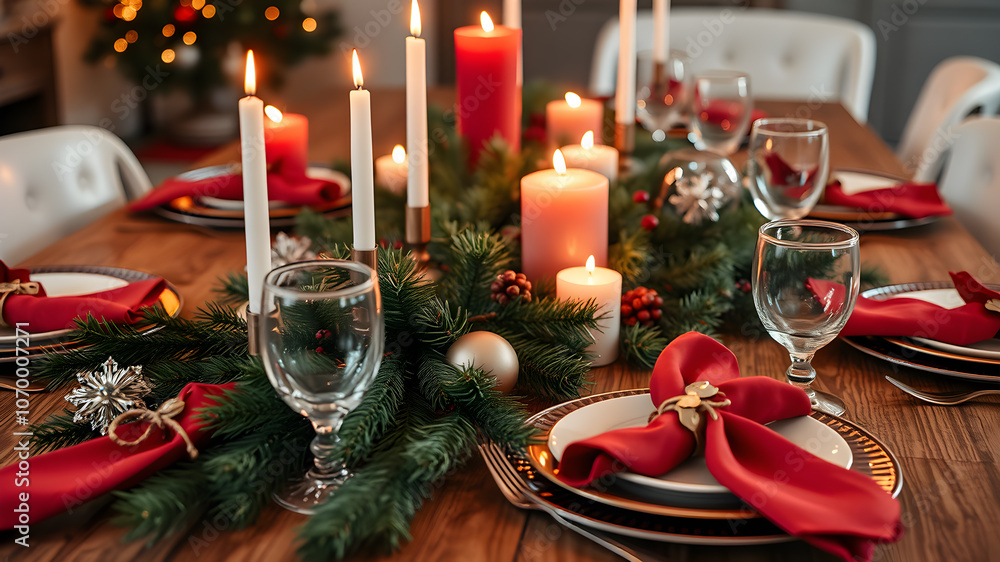 Festive Christmas table setting with candles, pine branches, and red napkins. Generative AI Festive Christmas table setting with candles, pine branches, and red napkins. Generative AI