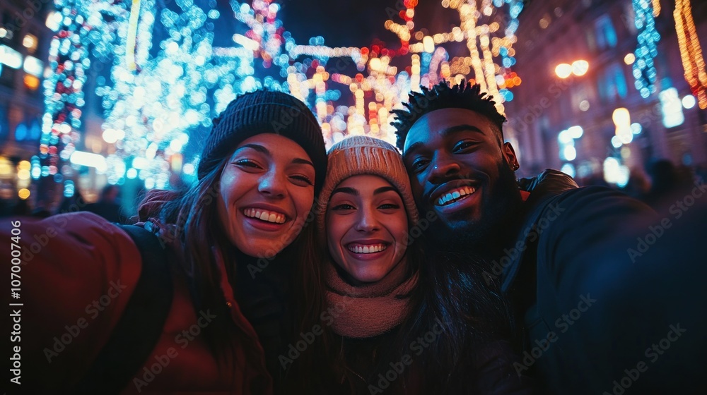 A group of 3 friends smiling and taking a selfie amidst the beautiful lights and fireworks on New Year's Eve. A group of 3 friends smiling and taking a selfie amidst the beautiful lights and fireworks on New Year's Eve.