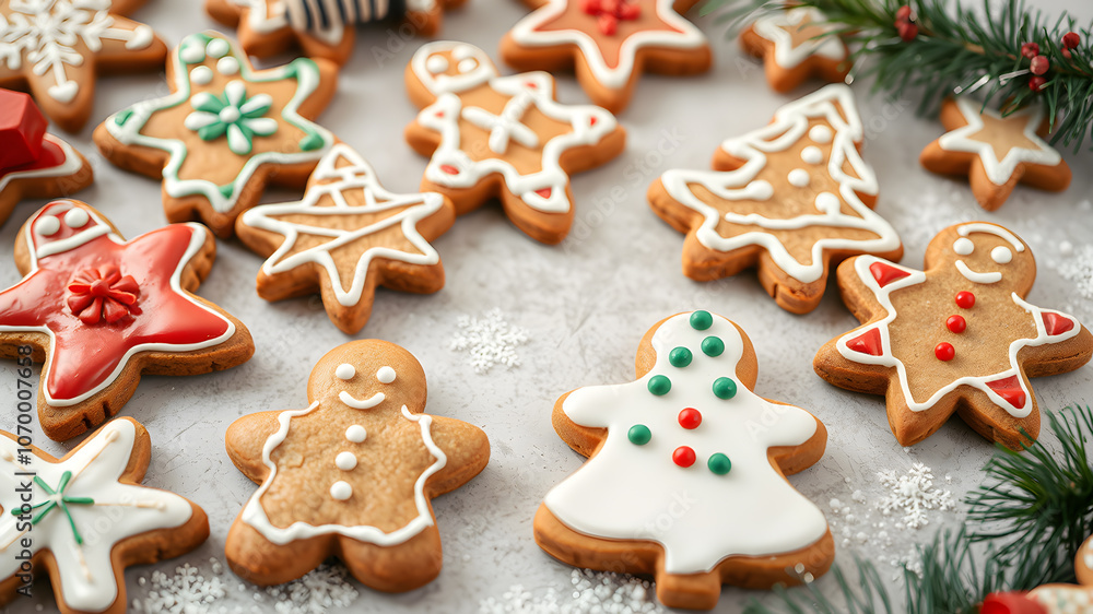 Gingerbread cookies in various Christmas shapes, with festive icing. Generative ai Gingerbread cookies in various Christmas shapes, with festive icing. Generative ai