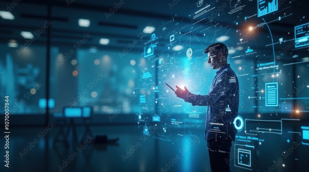 Man Using Digital Tablet with Interactive Data Visualizations Man Using Digital Tablet with Interactive Data Visualizations