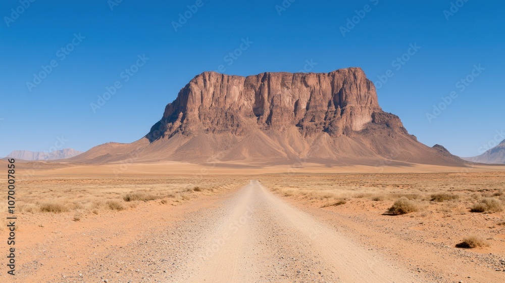 Fototapeta premium A dirt road winds through an expansive desert landscape, drawing the eye toward a spectacular rocky outcrop. The sun shines brightly in the midday sky, highlighting the natural beauty