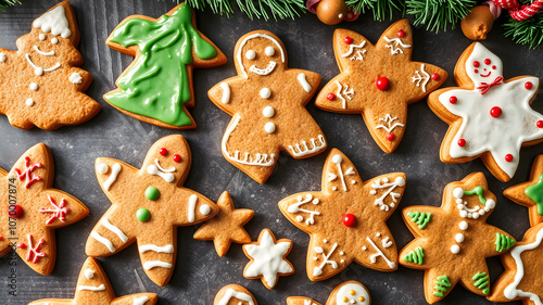 Gingerbread cookies in various Christmas shapes, with festive icing. Generative ai