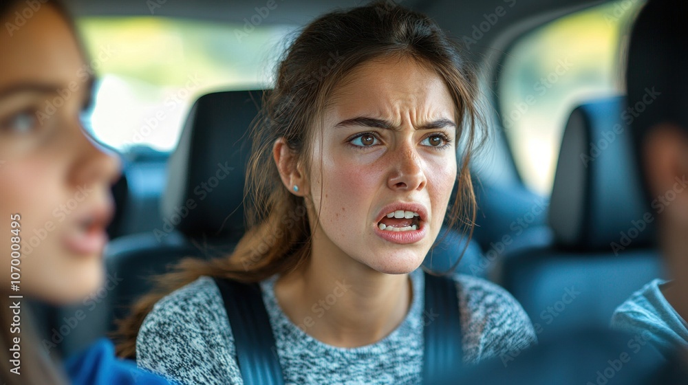 Family members arguing in the car during a road trip, symbolizing the stress and frustration that can arise from spending too much time together Family members arguing in the car during a road trip, symbolizing the stress and frustration that can arise from spending too much time together