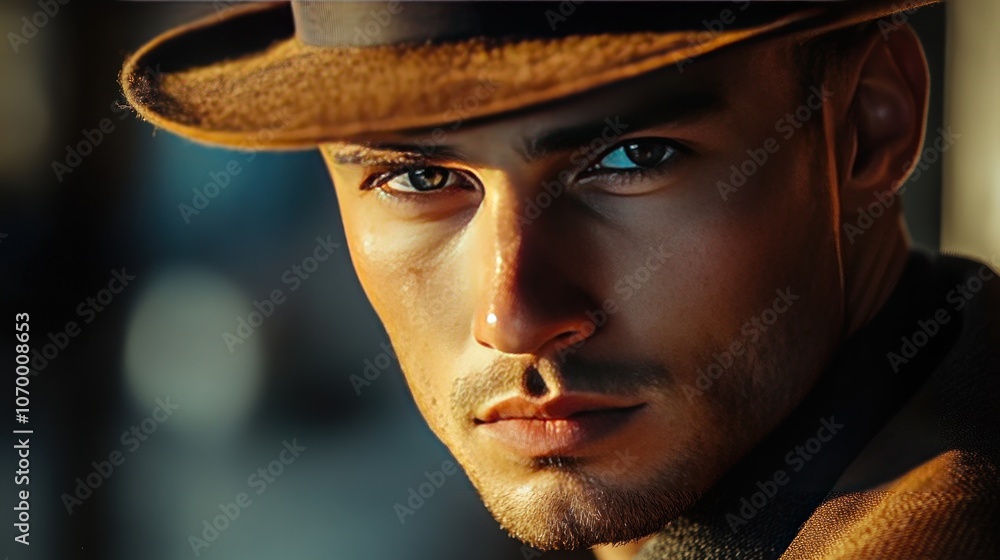 A male subject wearing a hat in Split Lighting creates a sharp contrast of light and shadow, adding mystery to the image. A male subject wearing a hat in Split Lighting creates a sharp contrast of light and shadow, adding mystery to the image.