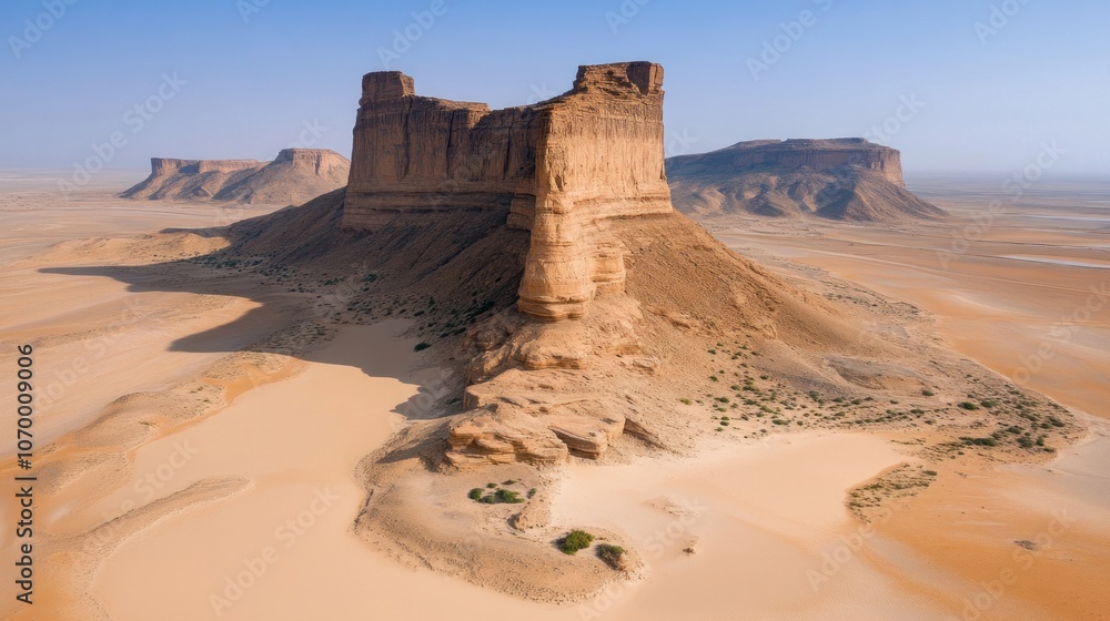 Fototapeta premium Massive sandstone formations rise dramatically from the expansive desert, showcasing natural beauty and geological features while basking in the bright midday sunlight