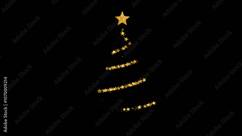Minimalist Christmas tree silhouette made of golden glitter on black background. Generative AI Minimalist Christmas tree silhouette made of golden glitter on black background. Generative AI