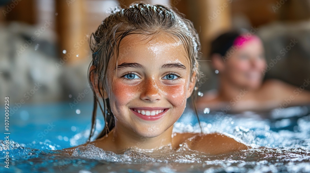 A young girl splashes happily in a lively indoor pool, showcasing her blue eyes and wide smile. The warm atmosphere features others enjoying the water nearby, creating a cheerful ambiance A young girl splashes happily in a lively indoor pool, showcasing her blue eyes and wide smile. The warm atmosphere features others enjoying the water nearby, creating a cheerful ambiance
