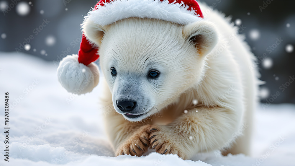 Polar bear cub with a Santa hat, playing in the snow. Generative AI Polar bear cub with a Santa hat, playing in the snow. Generative AI