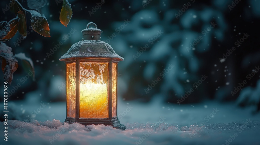 A nostalgic lantern glowing warmly in a snowy landscape during winter evenings A nostalgic lantern glowing warmly in a snowy landscape during winter evenings