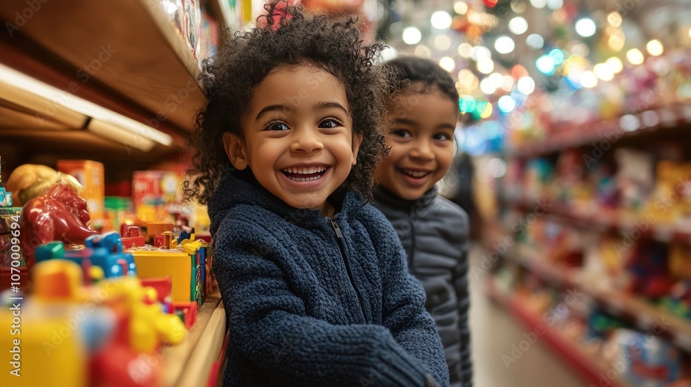 Children are excited about toys displayed in a store while shopping for the holidays Children are excited about toys displayed in a store while shopping for the holidays