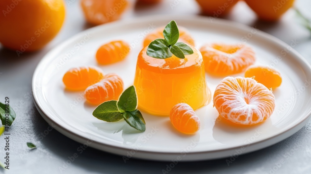 A vibrant dessert featuring orange jelly, mandarin slices, and mint leaves on a plate. A vibrant dessert featuring orange jelly, mandarin slices, and mint leaves on a plate.