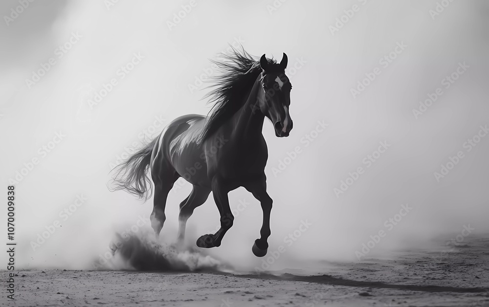 Obraz premium Portrait of a horse with a long mane running fast in the desert dust 