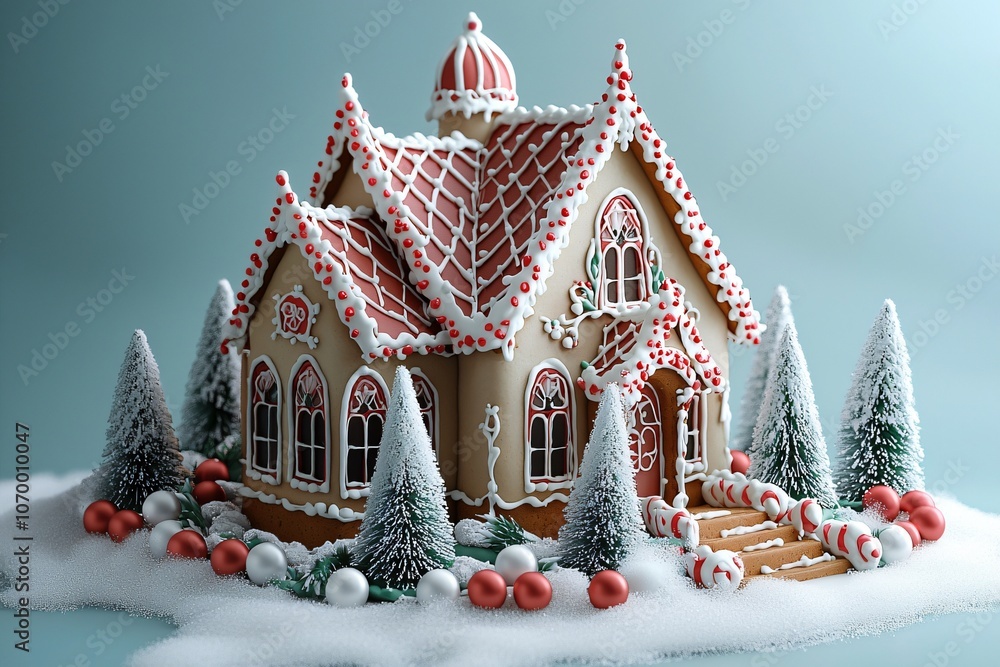 Fototapeta premium Whimsical Christmas gingerbread house adorned with red and white icing, set in a cozy winter scene, perfect for holiday cards, party invites, and festive promotions.