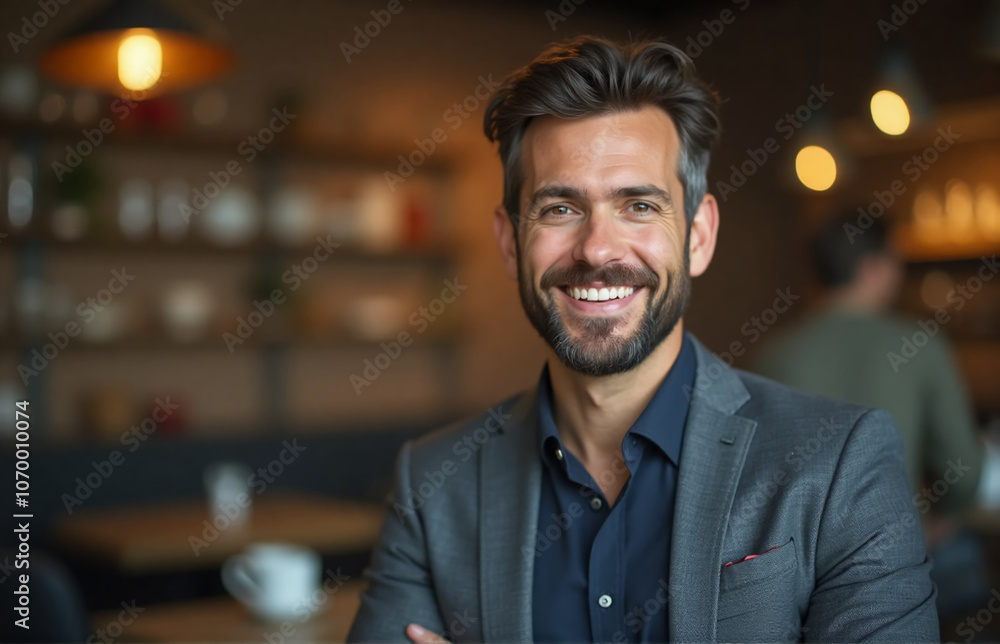 A successful small business owner recommending a smartphone for restaurant management. The owner is standing confidently A successful small business owner recommending a smartphone for restaurant management. The owner is standing confidently