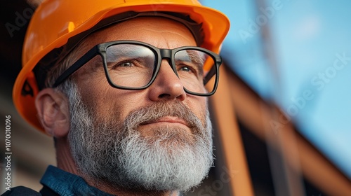 A construction worker with a gray beard is wearing an orange hard hat and glasses, contemplating the project ahead while standing at a building site during late afternoon sunlight