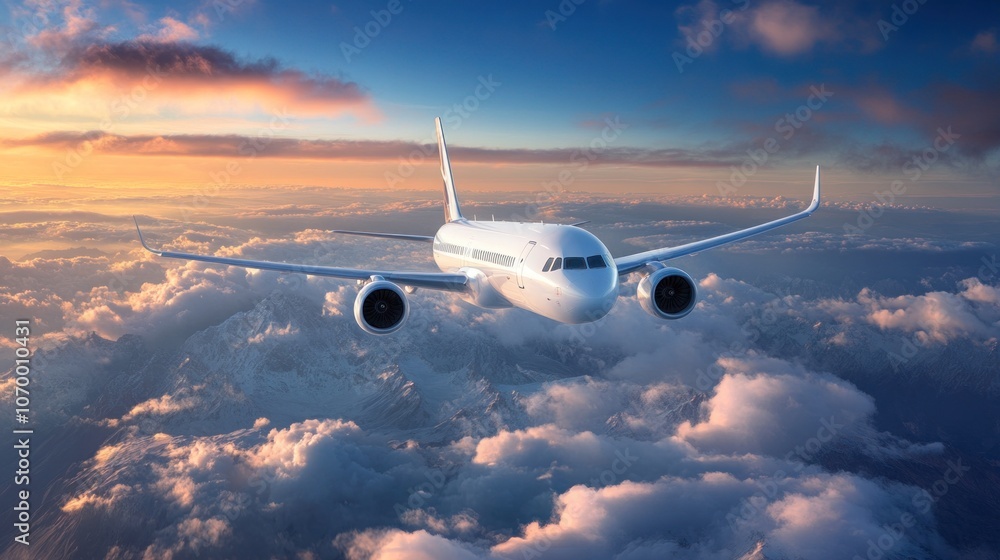 Fototapeta premium A commercial airplane soars through a vibrant sky filled with colorful clouds during sunset, capturing the beauty of travel at high altitudes in a tranquil atmosphere