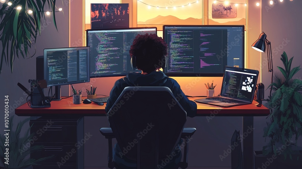 A person sits at a desk with multiple monitors displaying code, a laptop, a lamp, and plants. The room is dimly lit with string lights and the person wears headphones. A person sits at a desk with multiple monitors displaying code, a laptop, a lamp, and plants. The room is dimly lit with string lights and the person wears headphones.