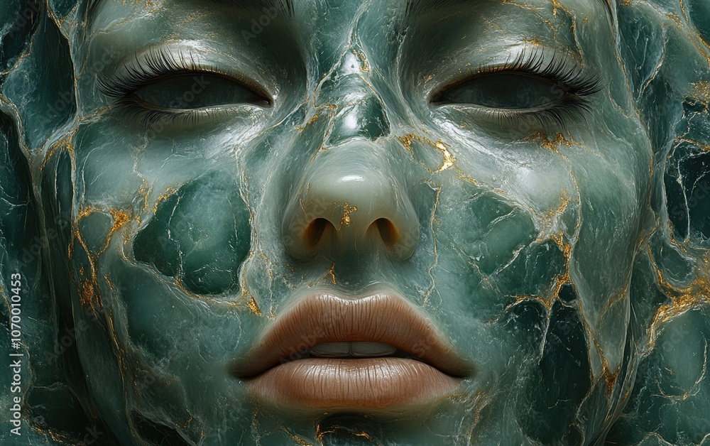 Naklejka premium A surreal close-up of a face with marble-like textures, featuring vivid green and gold accents, This image is ideal for artistic projects, beauty concepts, or themes of transformation,