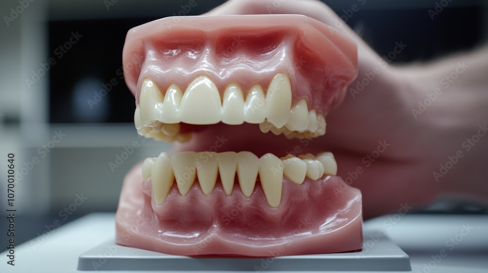 A dental model showcasing upper and lower teeth for educational purposes. A dental model showcasing upper and lower teeth for educational purposes.