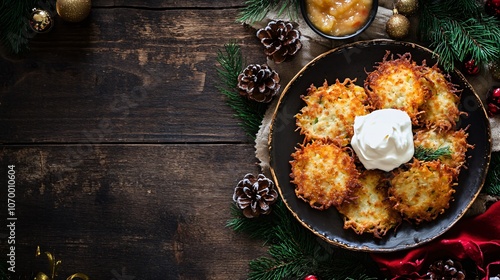 Golden latkes with a dollop of sour cream and applesauce on a dark wood background, with holiday accents photo