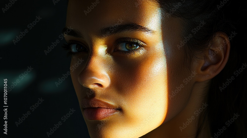 The photographer uses light from only one side, dividing the subject's face into bright and dark areas in a symmetrical manner. The photographer uses light from only one side, dividing the subject's face into bright and dark areas in a symmetrical manner.