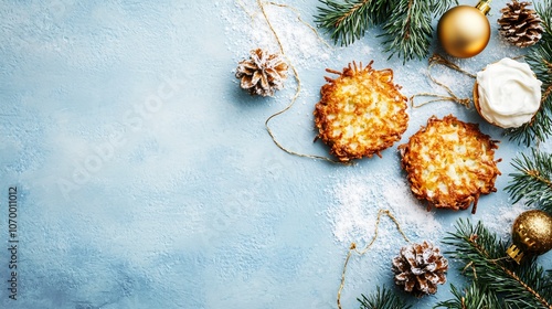 Golden latkes with shredded texture and sour cream on a pale blue background, with miniature holiday decor photo