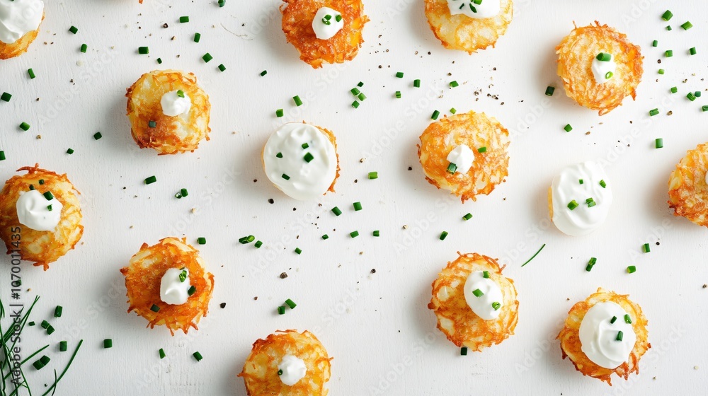 Latkes arranged with sour cream and chives on a soft white background, with small decorative blue accents Latkes arranged with sour cream and chives on a soft white background, with small decorative blue accents