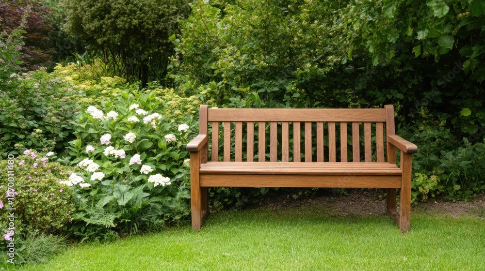 A well-crafted wooden bench rests on a soft green lawn, offering a peaceful spot to relax among blooming flowers and thick greenery, inviting visitors to enjoy the tranquility of nature A well-crafted wooden bench rests on a soft green lawn, offering a peaceful spot to relax among blooming flowers and thick greenery, inviting visitors to enjoy the tranquility of nature