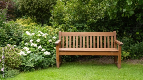 A well-crafted wooden bench rests on a soft green lawn, offering a peaceful spot to relax among blooming flowers and thick greenery, inviting visitors to enjoy the tranquility of nature