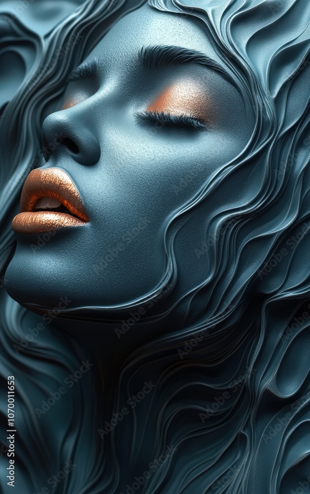 A close-up of a stylized face with flowing, textured patterns, The design features a smooth blue surface with bronze accents on the lips, suitable for artistic projects, beauty branding A close-up of a stylized face with flowing, textured patterns, The design features a smooth blue surface with bronze accents on the lips, suitable for artistic projects, beauty branding