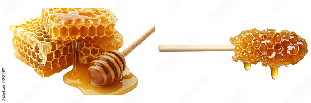 set of A Honeycomb with dripping honey and a wooden stick, isolated on transparent background set of A Honeycomb with dripping honey and a wooden stick, isolated on transparent background