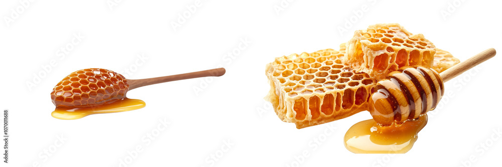 set of A Honeycomb with dripping honey and a wooden stick, isolated on transparent background set of A Honeycomb with dripping honey and a wooden stick, isolated on transparent background
